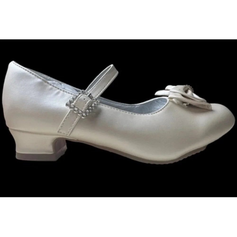 JOSMO‎ Girls Mary Jane Dress Shoes Size 3 Ivory Rhinestone Bow Block Heel Strap